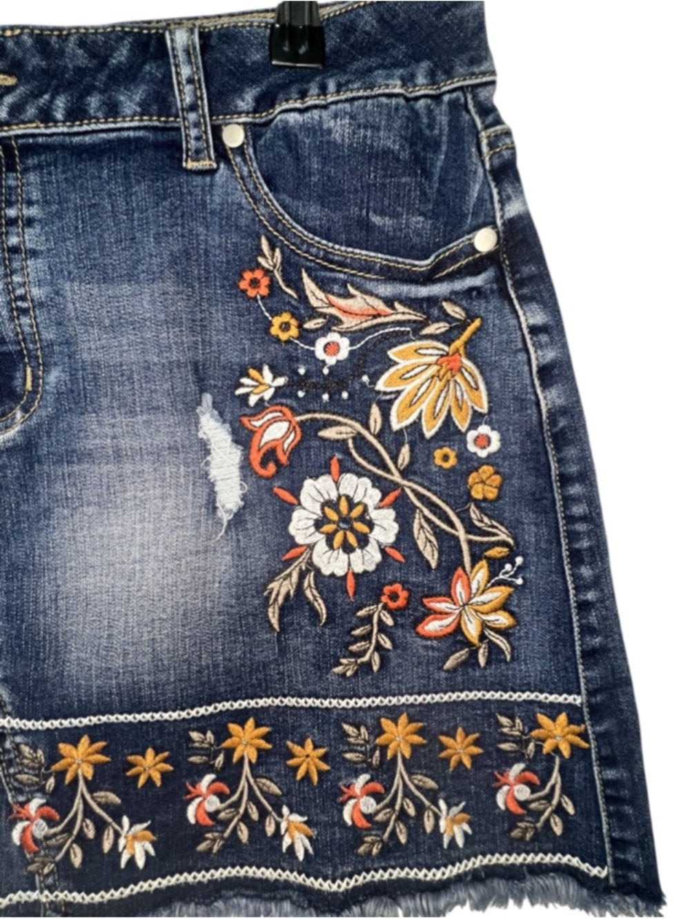 Altar’d State Floral Embroidered Boho Denim Mini Skirt With Raw Hem - Picture 2 of 5